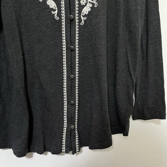 J Jill Gray Floral Embroidered Button Shirt Size L Charcoal Gray Boho Peasant - Picture 4 of 8